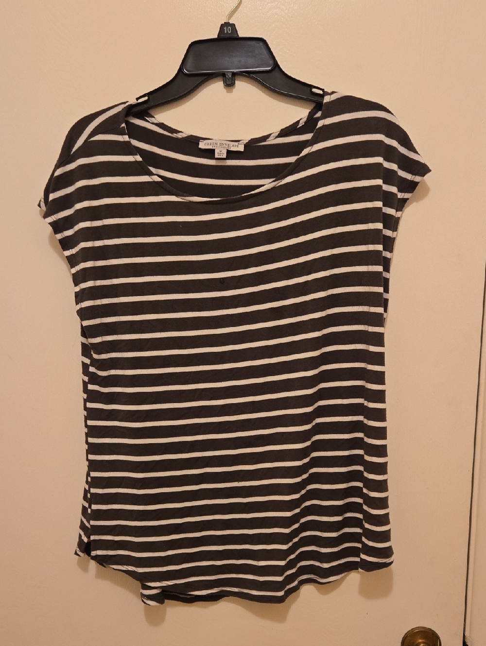Green Envelope Olive Green & White Striped Cap Sleeve Tee